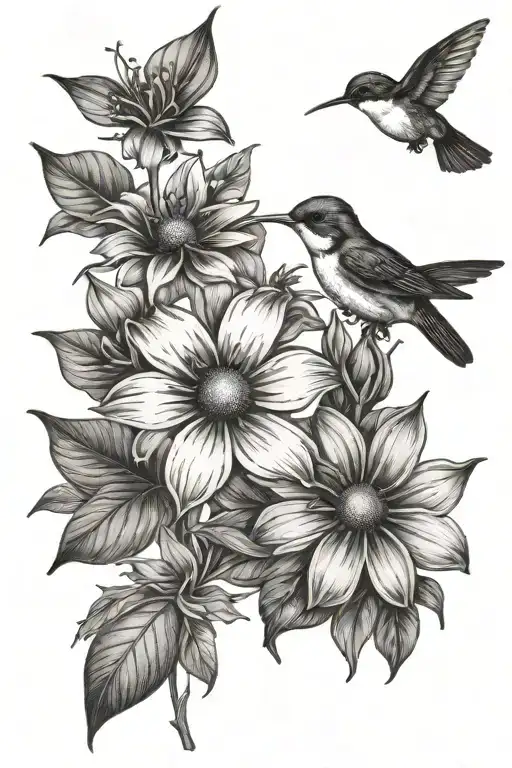 Daisy Black Eyed Susan Iris Rose And A Humming Bird Black And White