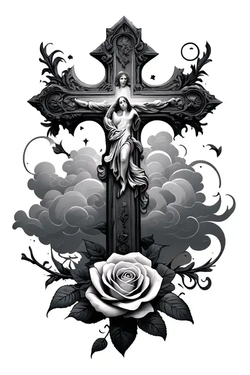 God Cross Clouds And Rose