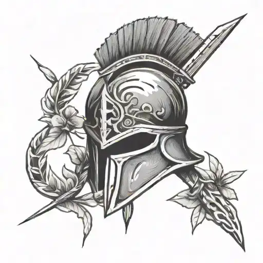 Spartan Helmet Front View With Sword Through It And Laurel Leaves Around The Rim