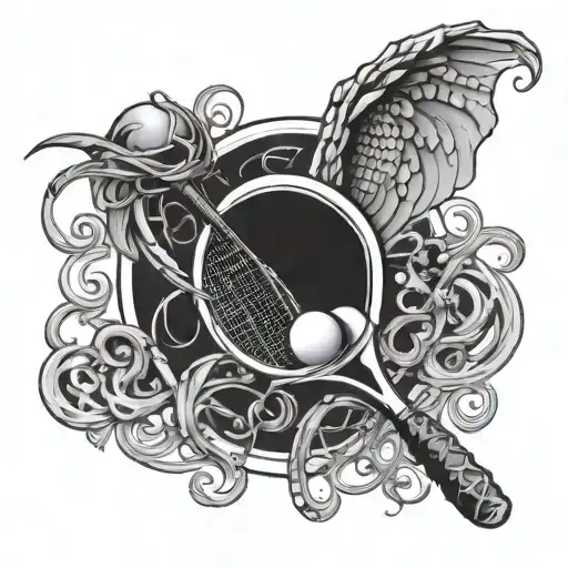 A Tennis Racket Entwined With Dragon Wings And Musical Notes