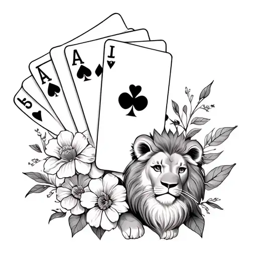 Flowers With Playing Cards And A Little Lion