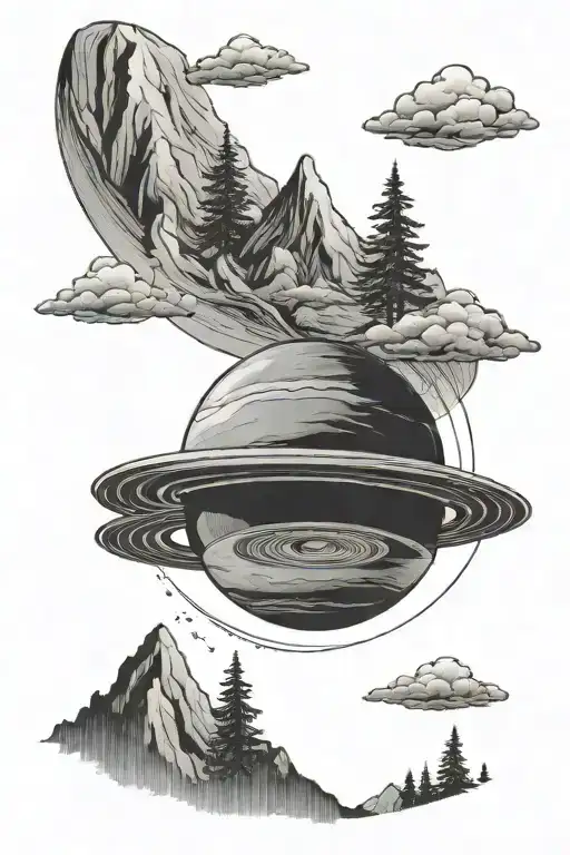Saturn With Mountains And Trees Background Looking