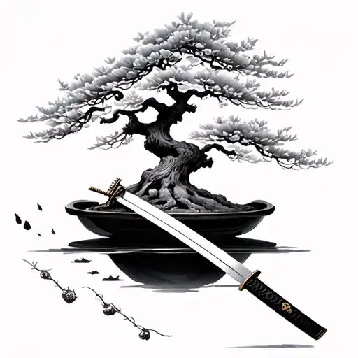 Katana And A Bonsai Tree With Cherry Blossoms Falling