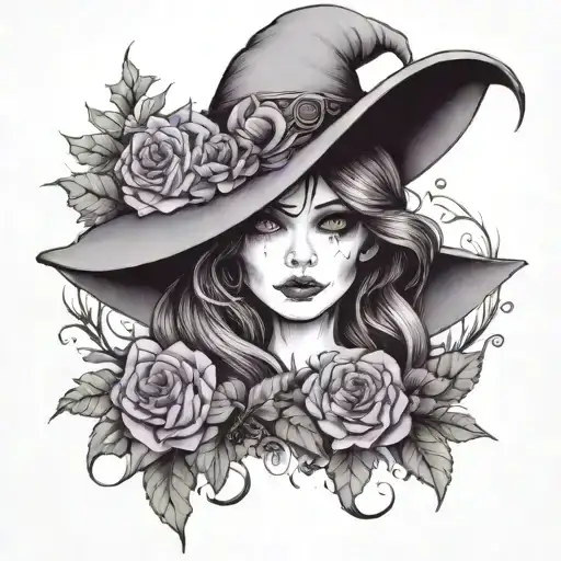 A Fae Woman Wearing A Witch Hat With Brown Hair And Purple Eyes Surrounded By Flowers