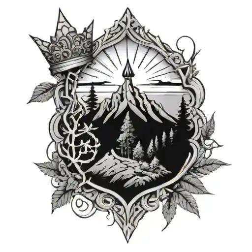 Patch Work Forearm Cross And Mountains With Trees And Crown Of Thorns