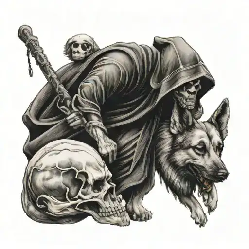 Very Detailed Grim Reaper Holding Skulls German Shepherd Dog