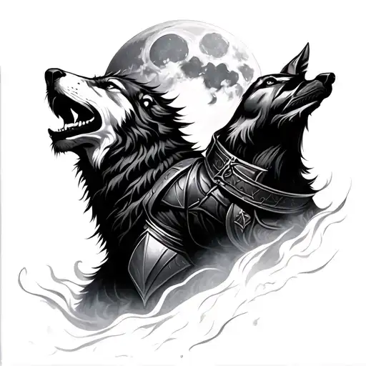Knight And Wolf Howling At The Moon