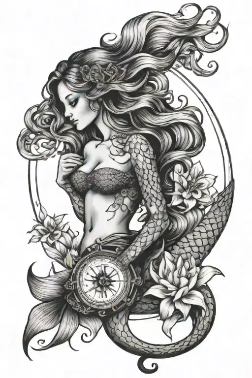 Mermaid With Compass With Lotus Flower Hair