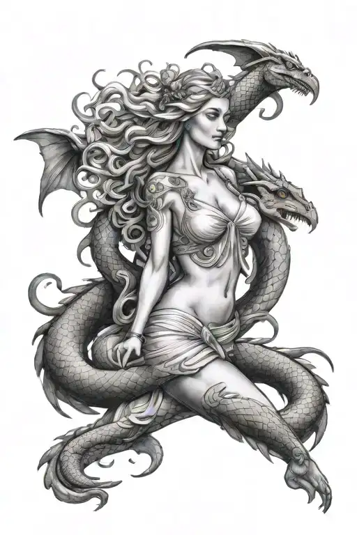 Aphrodite Greek Goddess Full Body Surrounded By A Dragon