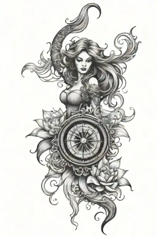 Compass With Mermaid With Lotus Flower Hair Tangled Together