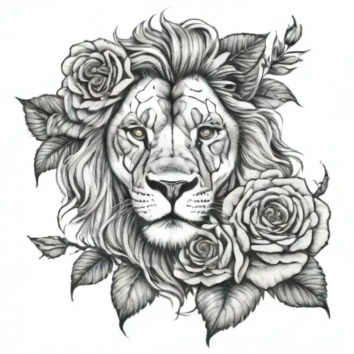 Lion Face With Roses Intertwined Femine