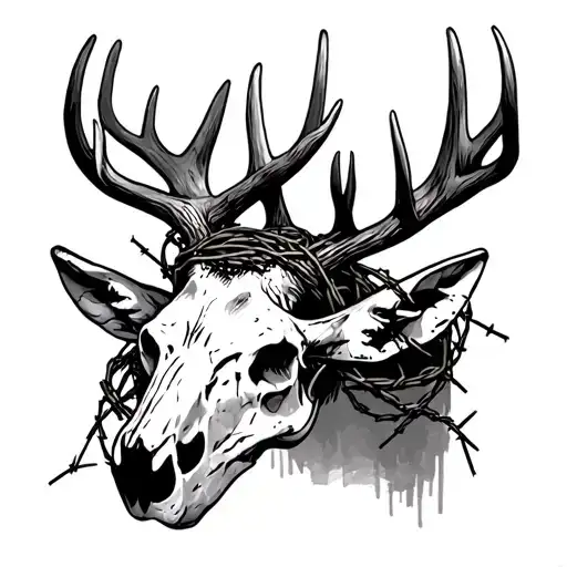 Deer Skull With Antlers Wrapped In Barbed Wire