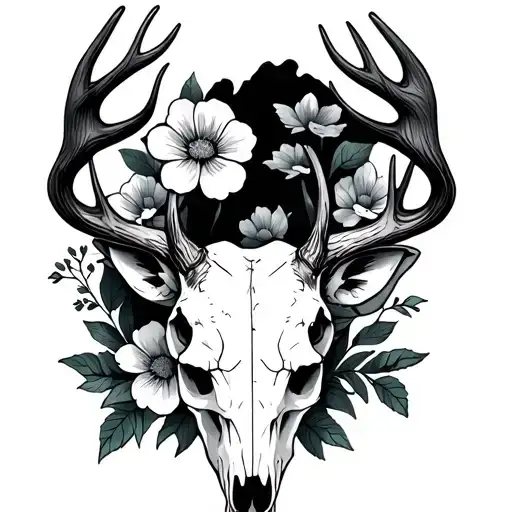 Deer Skull With Antlers And Flowers Behind It