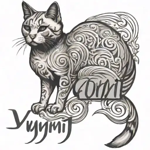 Yumi Name Written With Grey Cat Sitting