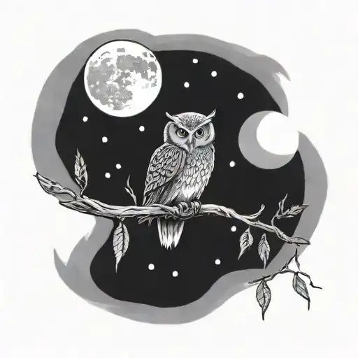 Owl Sitting On Branch In Front Of The Moon