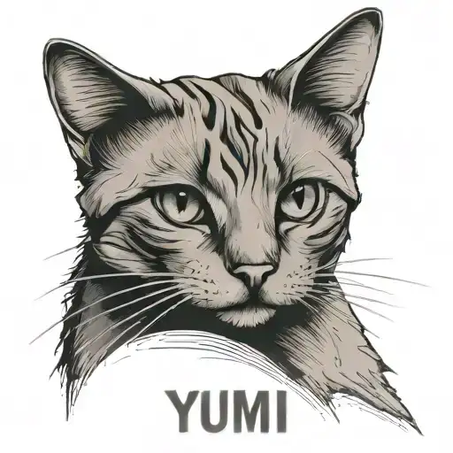 Yumi Name Written And Grey Cat Curled