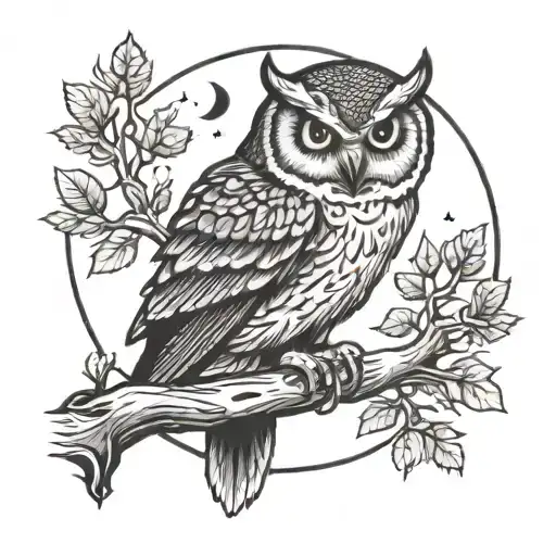 Owl Sitting On Branch In Front Of The Moon Merging Together