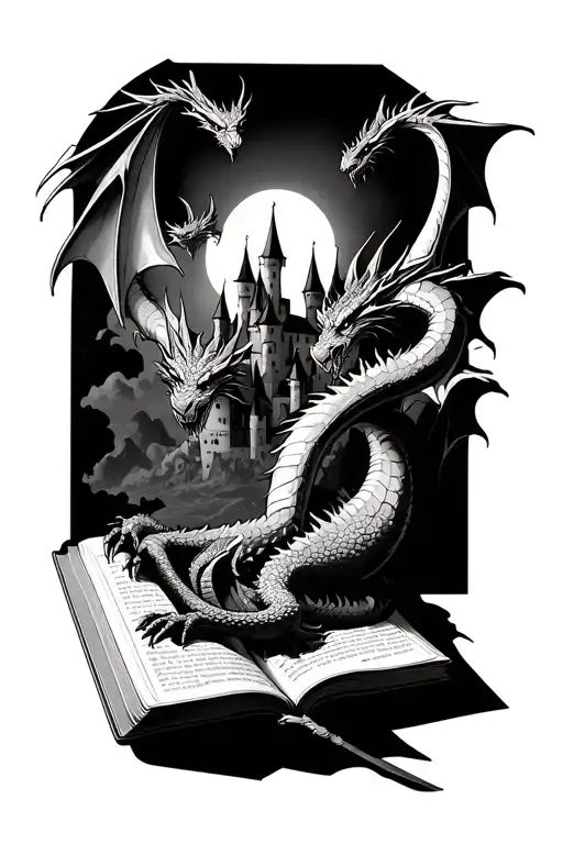 Open Book Laying Flat With Dragons And A Castle Popping Out