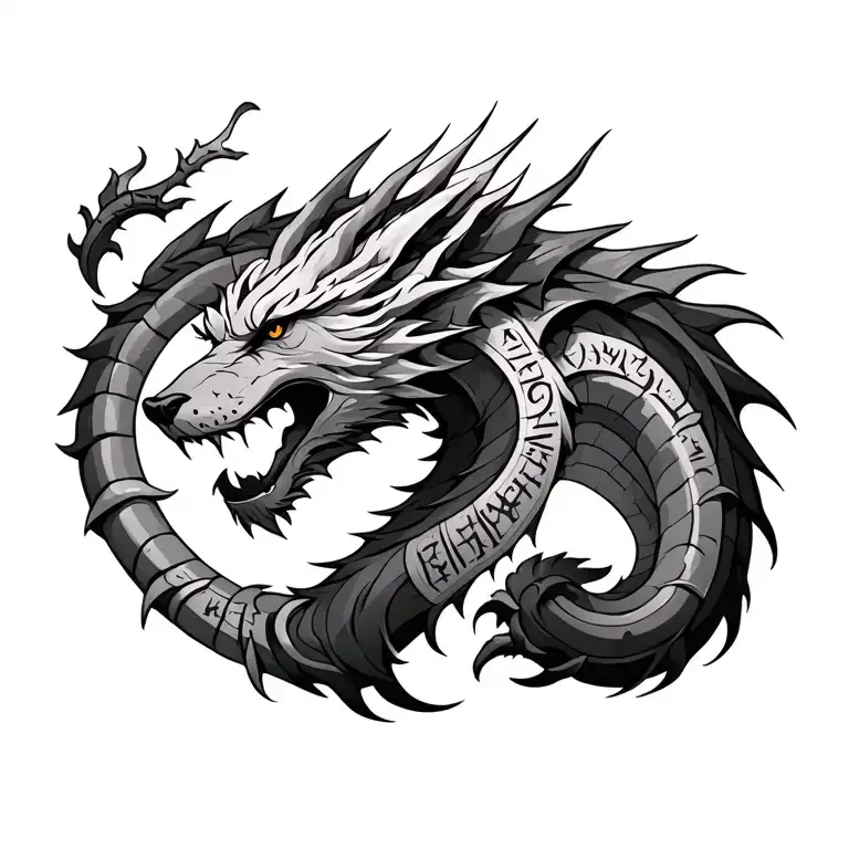 Dragon With Wolf Head Made Of Runes