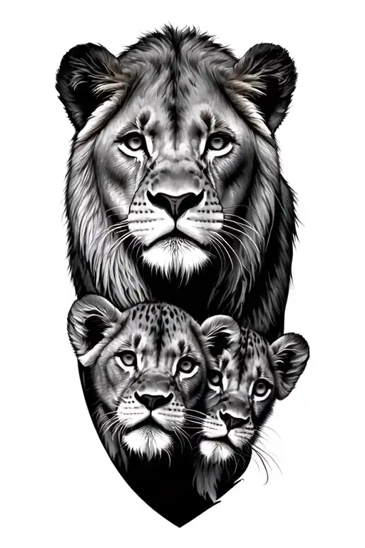 Lioness Protecting 3 Cubs