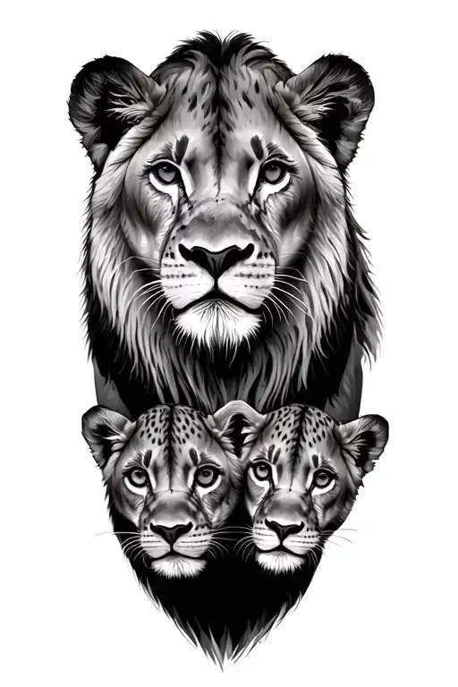 Lioness Protecting 3 Cubs