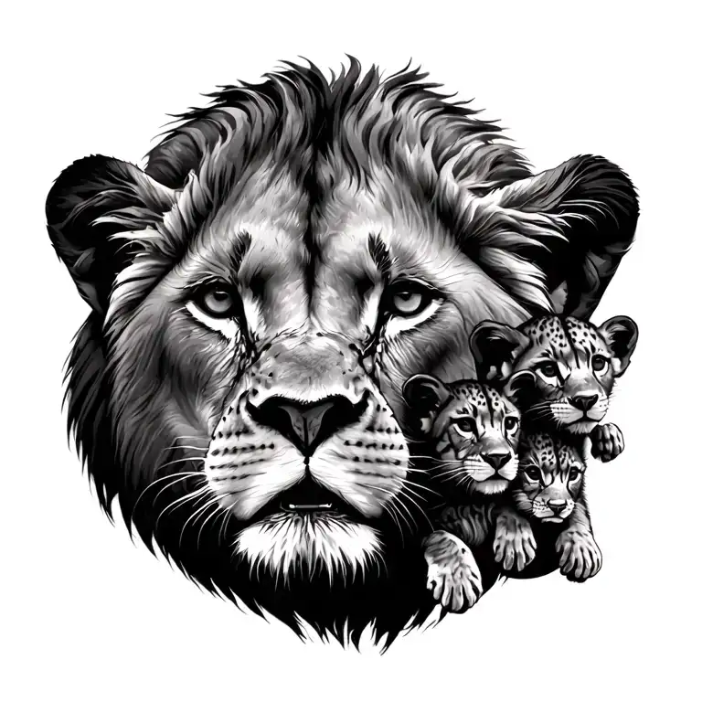 Lioness Protecting 3 Cubs