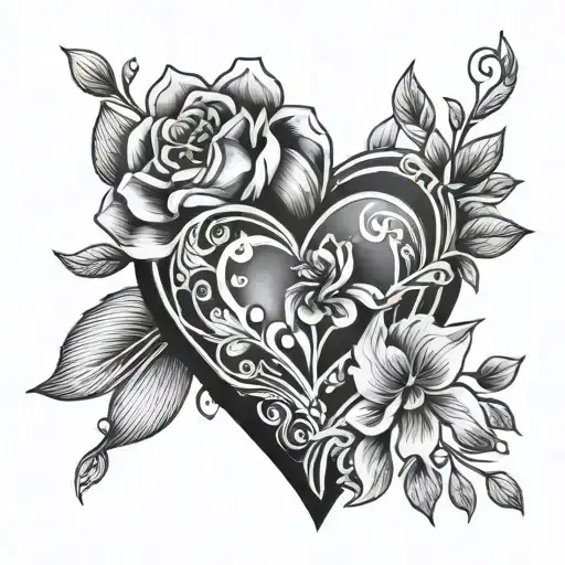 Black And Gray Traditional Heart Tattoo With Flower Inside