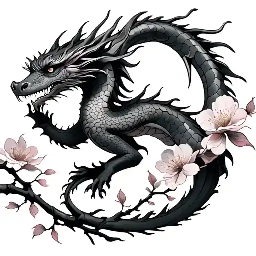 Dragon Tattoo With Cherry Blossom Branch And Petals