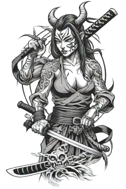 A Girl With A Katana And A Mask Oni