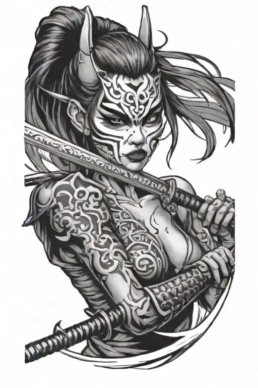Face Girl With A Katana And A Mask Oni