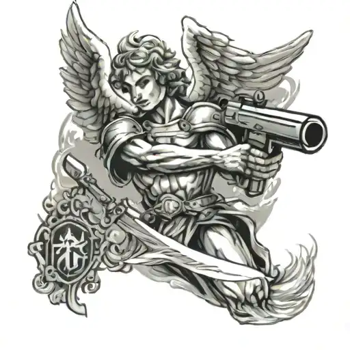 A Black-grey Tattoo Of An Angel Holding A Burning Sword In One Hand And A Filmcamera In The Other