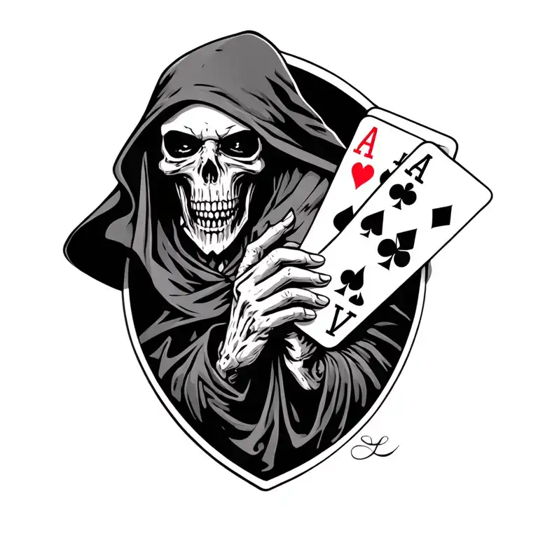 Grim Reaper 4 Aces In The Right Hand Baby Hold At The Neck In The Laft Hand