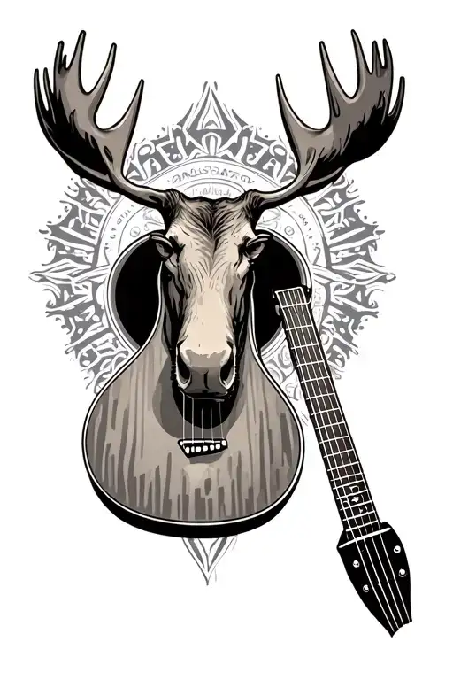 Guitar Whit A Moose Head Tattoo Design Incorporating
