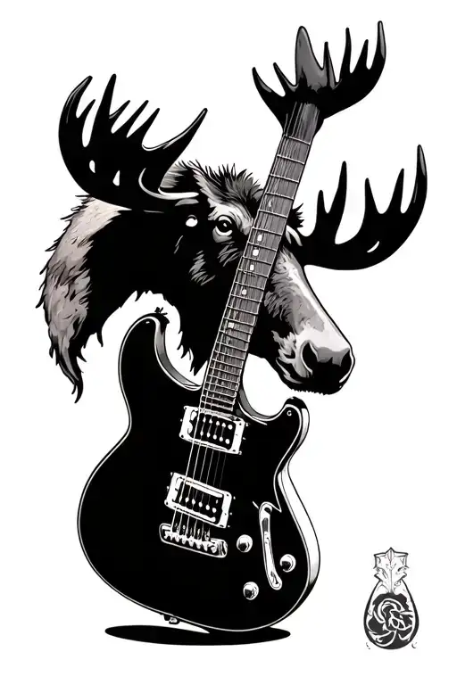 Guitar Whit A Moose Head Tattoo Design Incorporating