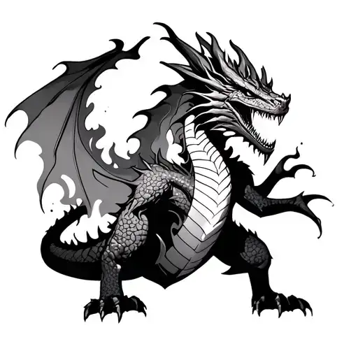 A Dreadful Ghastly And Terrifying Dragon Covered In Flames And Thunder In Full Back Looking Front