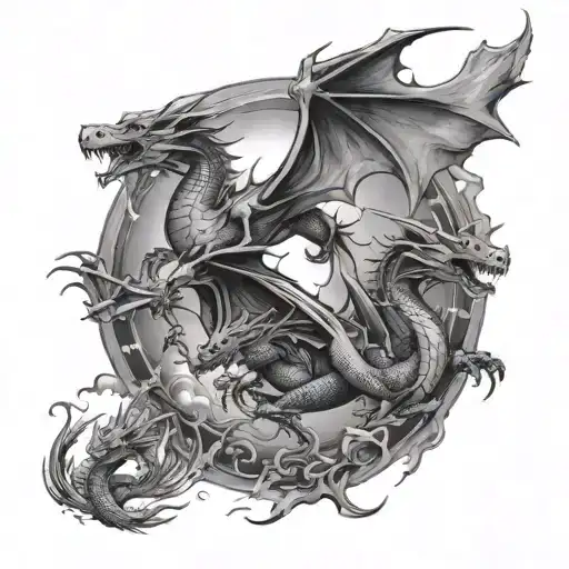 3 Dragons Flying Towards The Sun