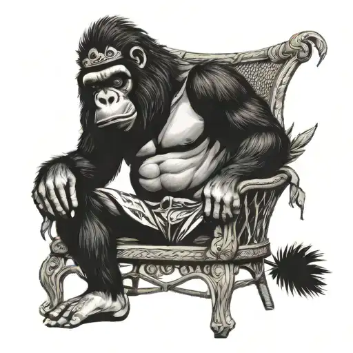 Gorilla Wearing Crown And Clothes Smoking Weed Sitting In Wicker Chair