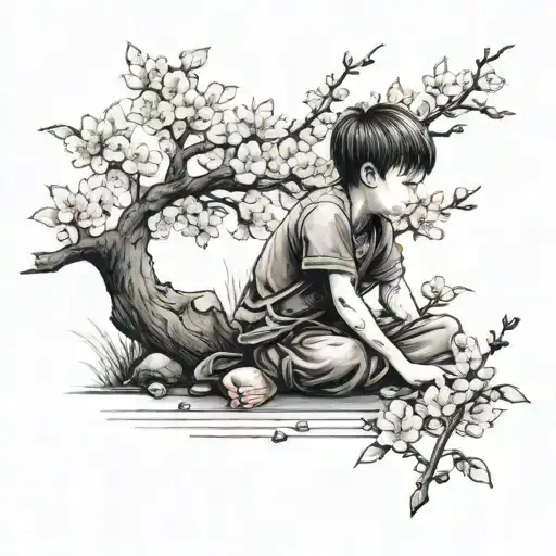 Little Boy Sitting Under Cherry Blossom Tree