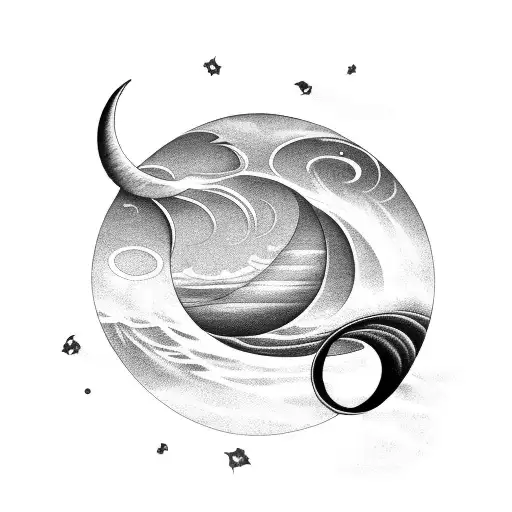 A Mesmerizing Black And Grey Tattoo Of A Swirling Wave With A Crescent Moon Above It
