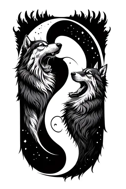 2 Wolves Howling At The Moon Tribal Yin And Yang Inspired