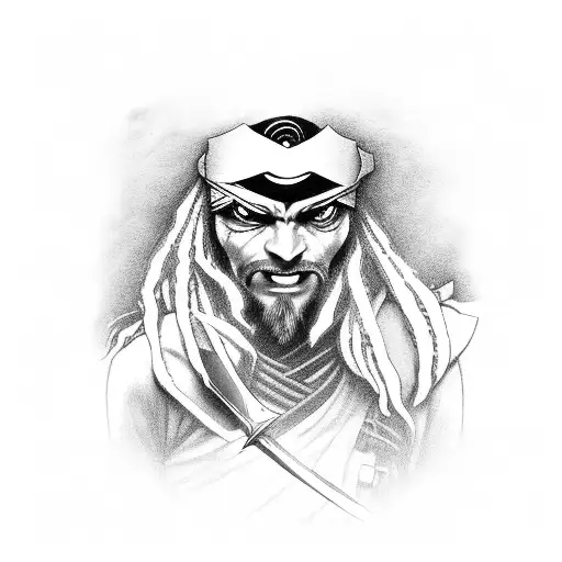 Ninja With Dreads Holding A Sword Vertically In Front Face