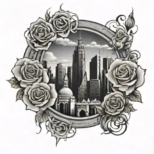 A Black And Grey Tattoo Of A City Skyline With Graffiti Art And Roses Intertwined Throughout