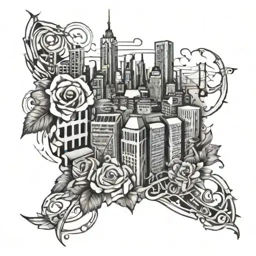 A Black And Grey Tattoo Of A City Skyline With Graffiti Art And Roses Intertwined Throughout