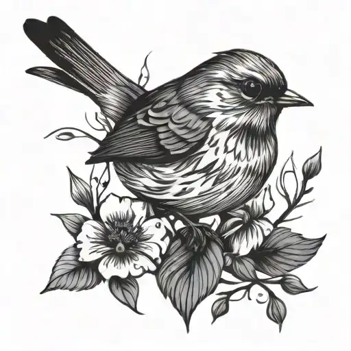 Robin Bird And Flowers Growing