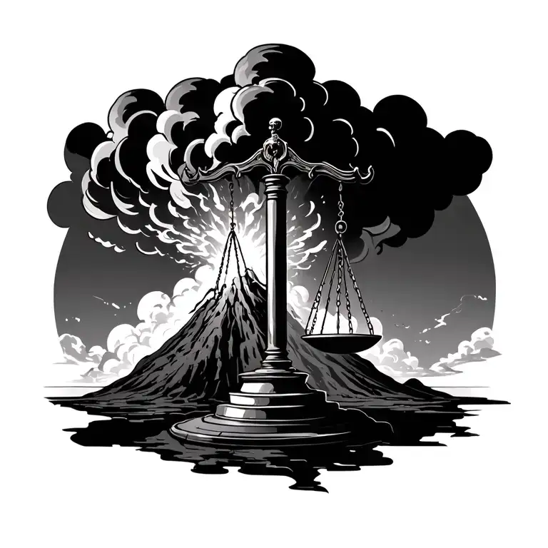 Libra Scale And Volcano Explosion With Clouds Surrounding