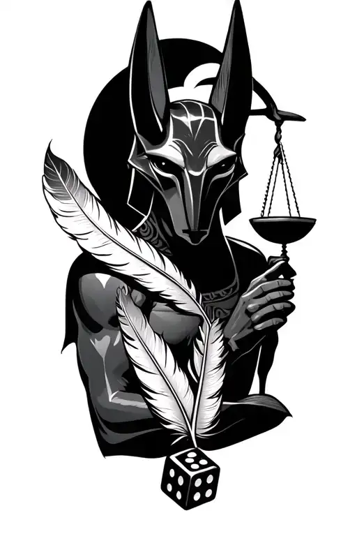 Anubis Holding Dice And Scale Weighing A Feather