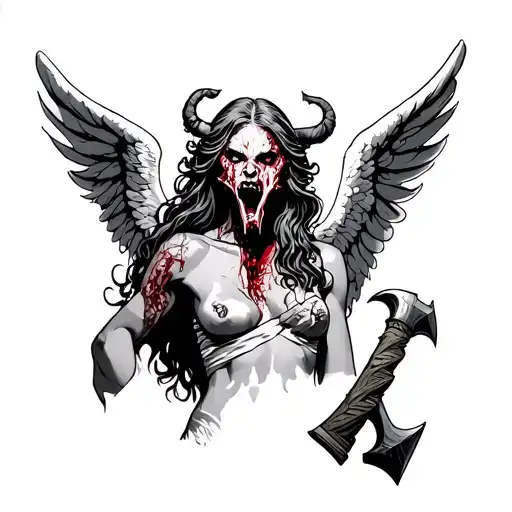 Angel With A Severed Head And Behind Her A Demon With An Ax