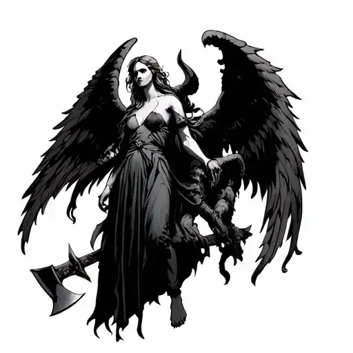 Angel With A Chopped Head In Full Height And Behind Her A Demon With An Ax