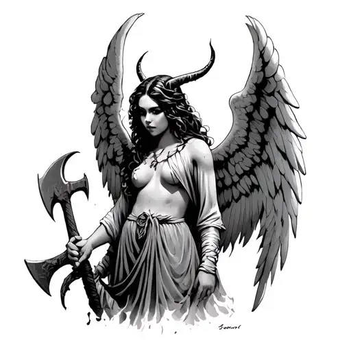 Angel With A Chopped Head In Full Height And Behind Her A Demon With An Ax