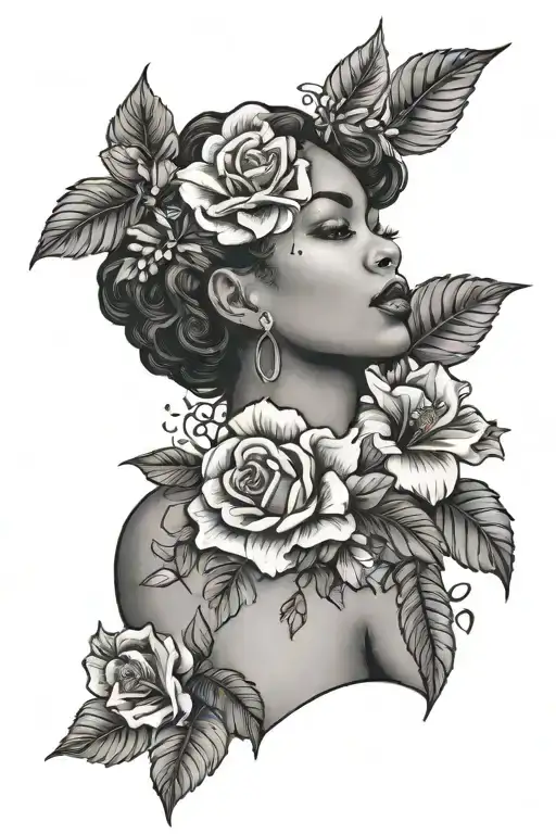 Black Woman With Roses Mayflowers Hibiscus